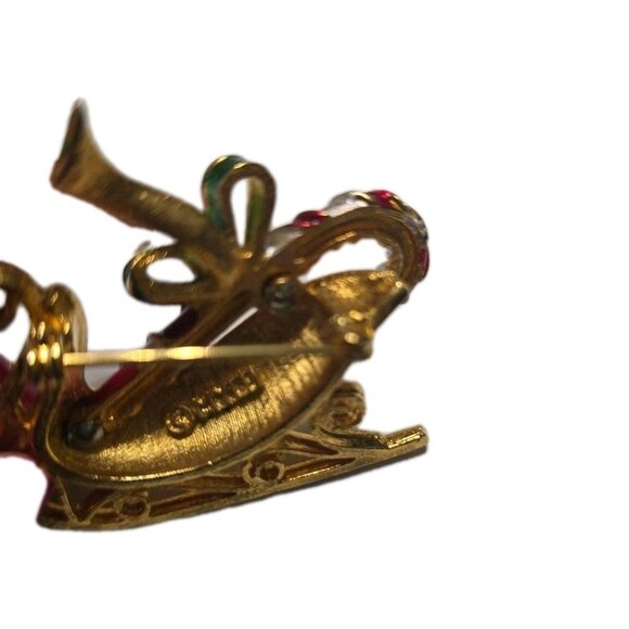 Vintage Sleigh With Candy Cane Pin Brooch Lapel Signed MYLU 2" X 1.75" - Picture 4 of 4